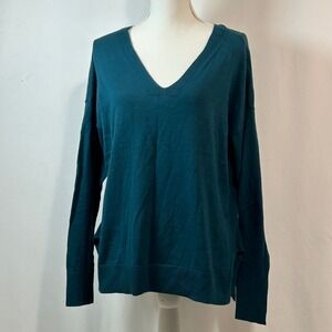 LOFT V Neck Sweater Tie Back Long Sleeve Teal Blue Cotton Blend‎ Womens